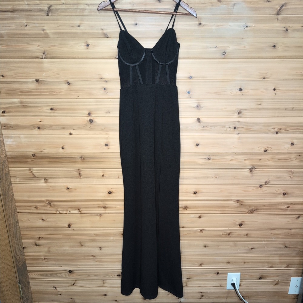 Lulus Black Corset Mesh Maxi Dress Sheer Bodice Formal Gown Slit Small